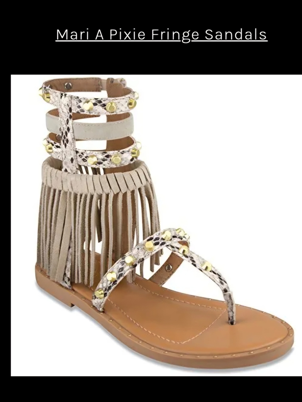 Pixie Fringe Sandals - Beige Snake Print